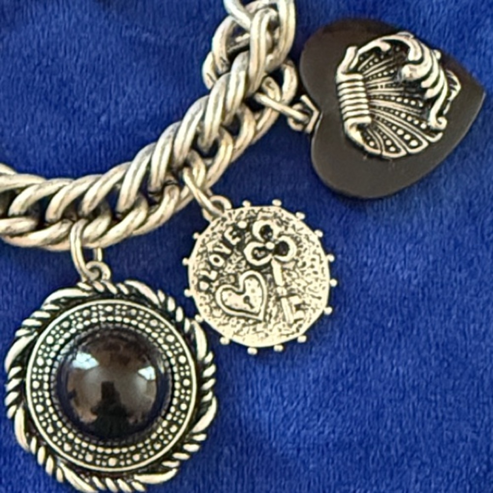 Silver-Tone Black Stone Charm Bracelet